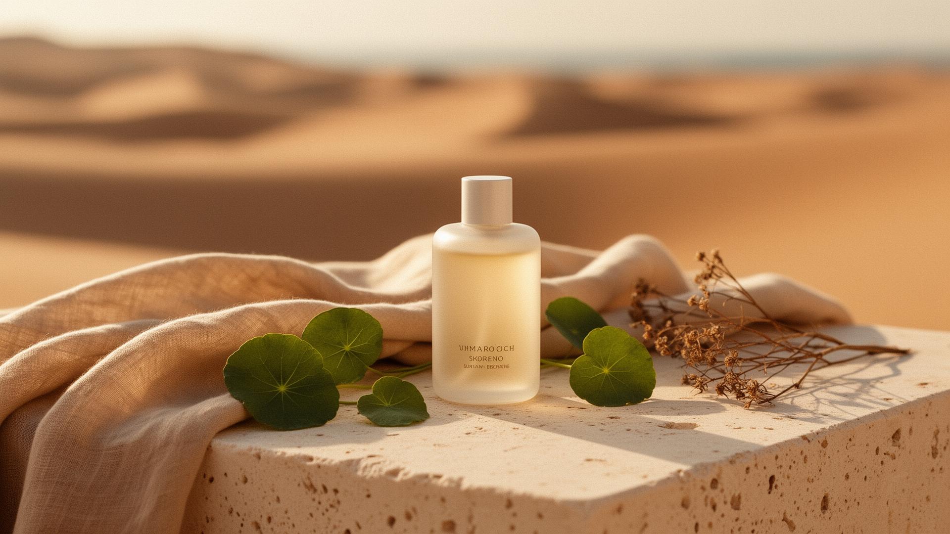 Korean sunscreen bottle resting on warm Bahraini sand